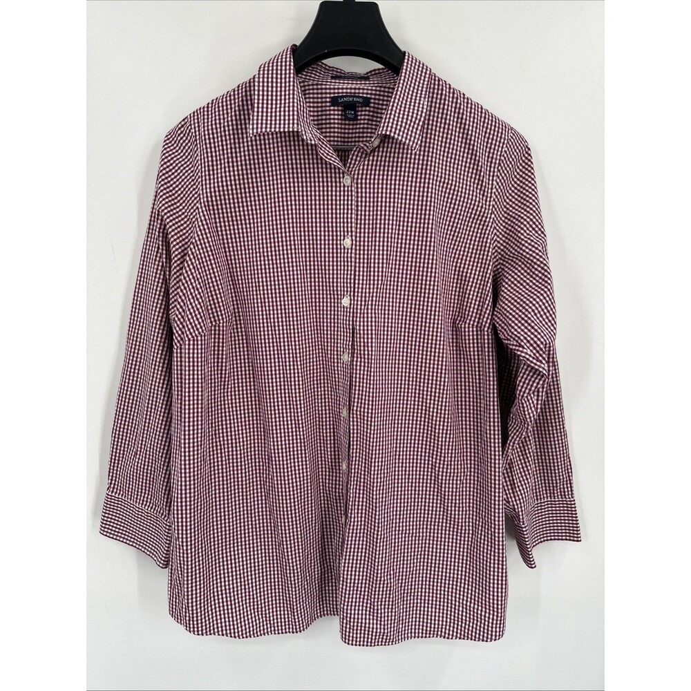 Lands End Women's Button Down Shirt 22W No Iron Supima Cotton Red White Gingham